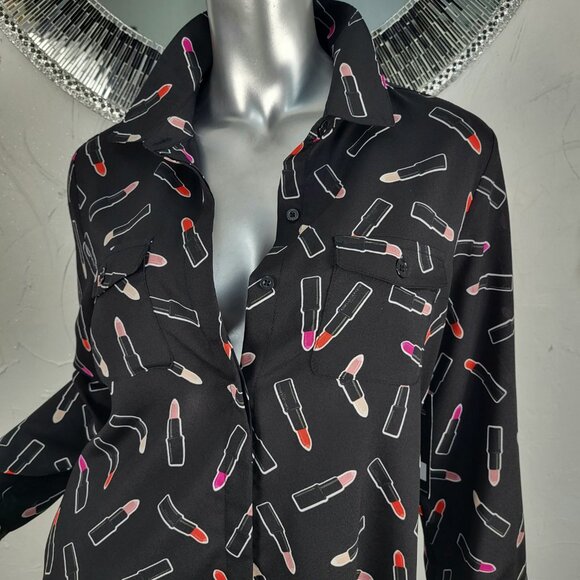 NWT~$70~KARL LAGERFELD~M~BLACK RED PINK LIPSTICK TUNIC TOP BLOUSE SHIRT - Picture 10 of 16